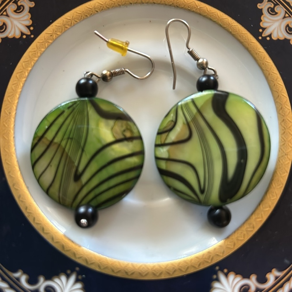 Seaweed Green and Black Mother of Pearl
Beaded Dangle Earrings